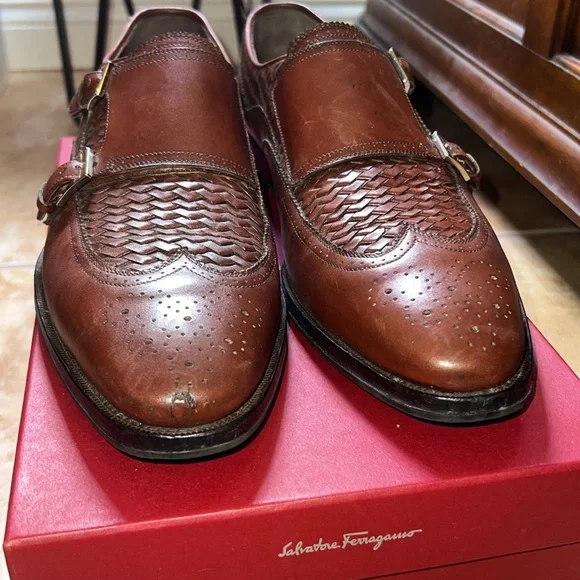 Salvatore Ferragamo Brown Woven Leather Double Monk Strap, Re-Soled, Size 10 - Picture 4 of 9